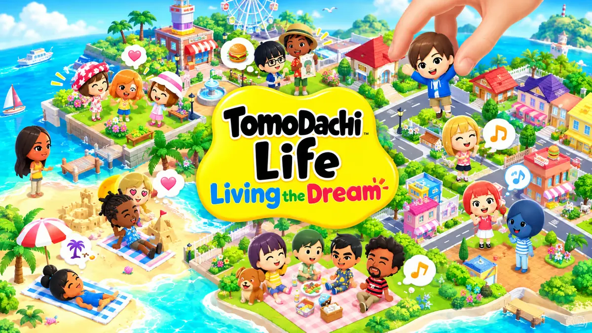 Tomodachi Life: Living the Dream key art — Miis relaxing on a sunny island of beaches, houses and shops